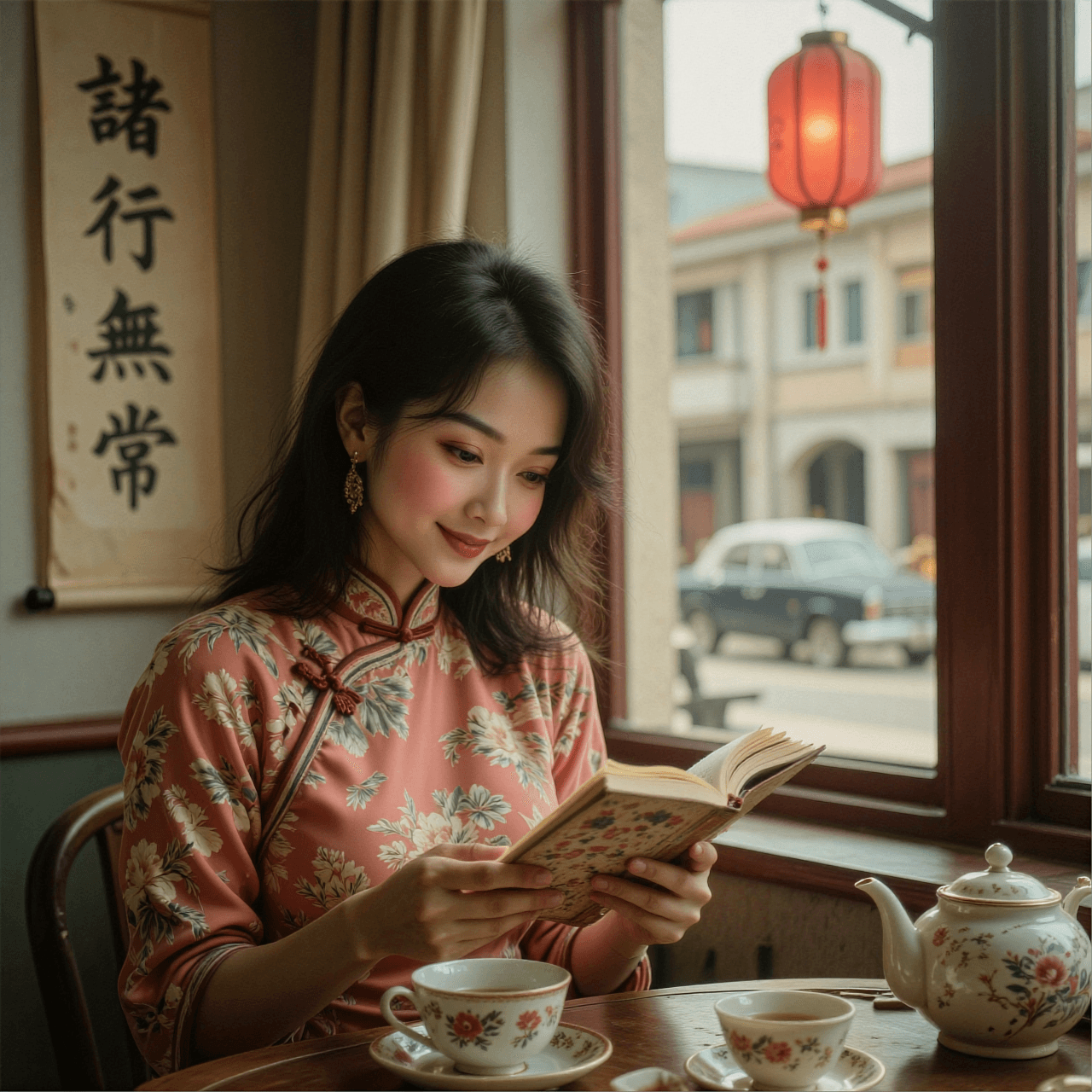 AI generated: A cinematic, photorealistic medium shot of an elegant Asian woman sitting by a window in a vintage t...