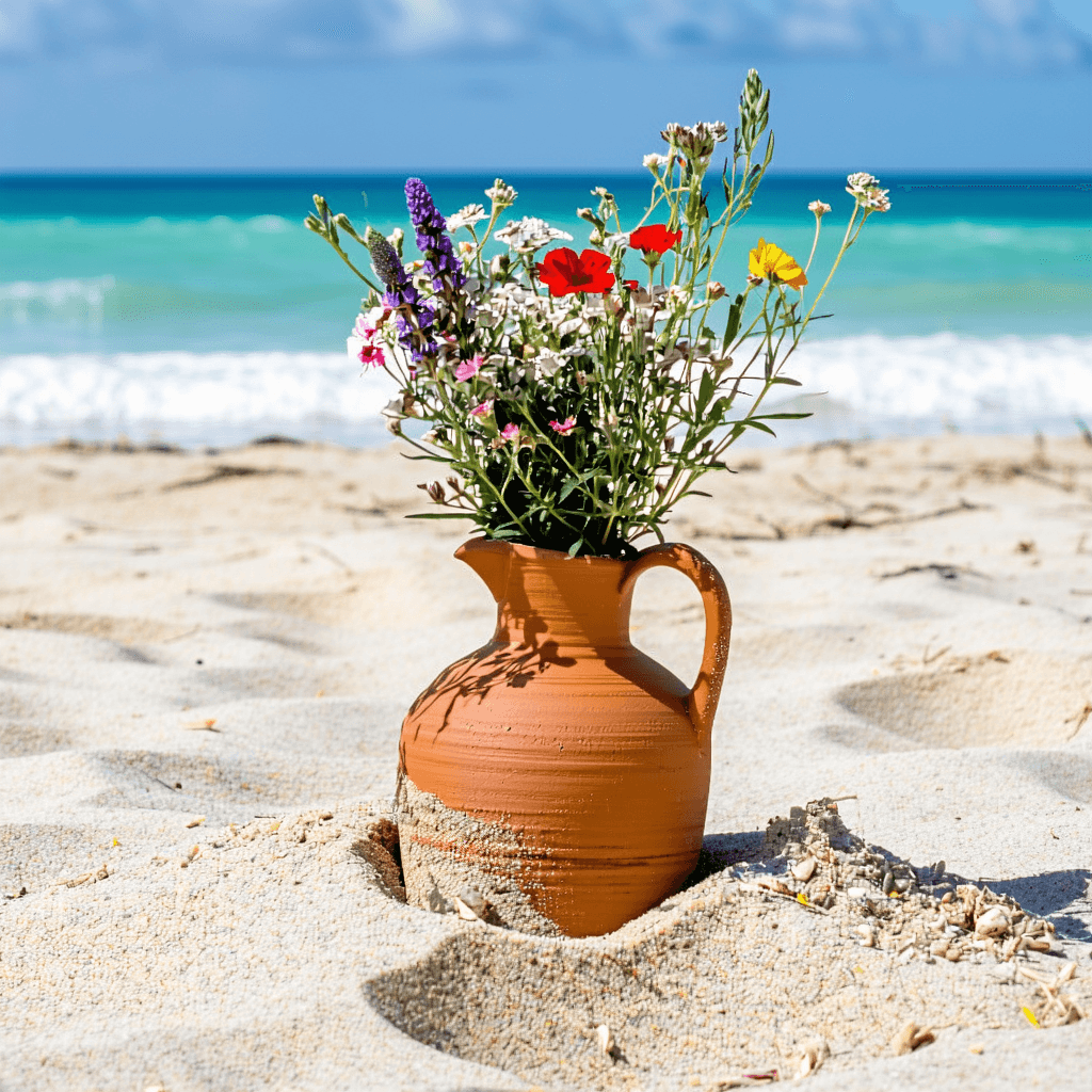 AI generated: Photo of a terracota 
vase buried in the sand on a beach with some wild flowers in the vase