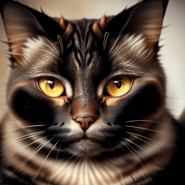 AI generated: an imaginative close-up front view portrait of an old, wise, and beautiful cat's face with long brow...
