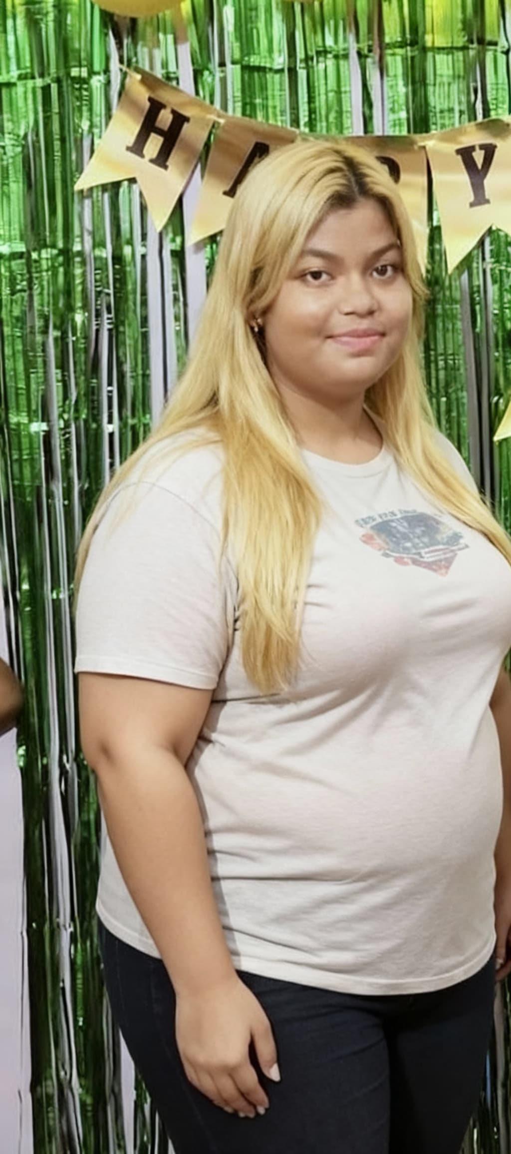 AI generated: Looking fat body,big boobs,blonde, tshirt 