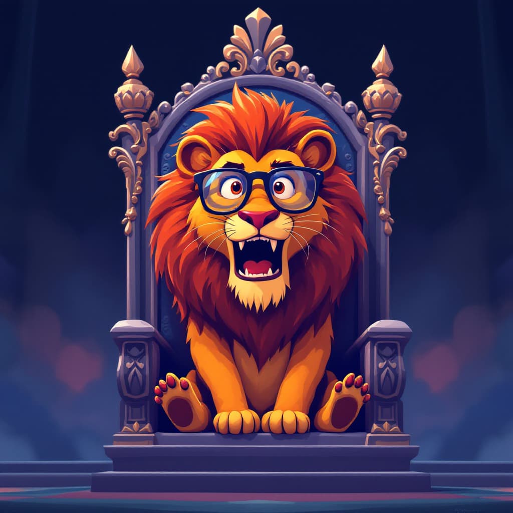 AI generated: Prompt: "A lion wearing glasses sitting on a throne, in Pixar animation style"

