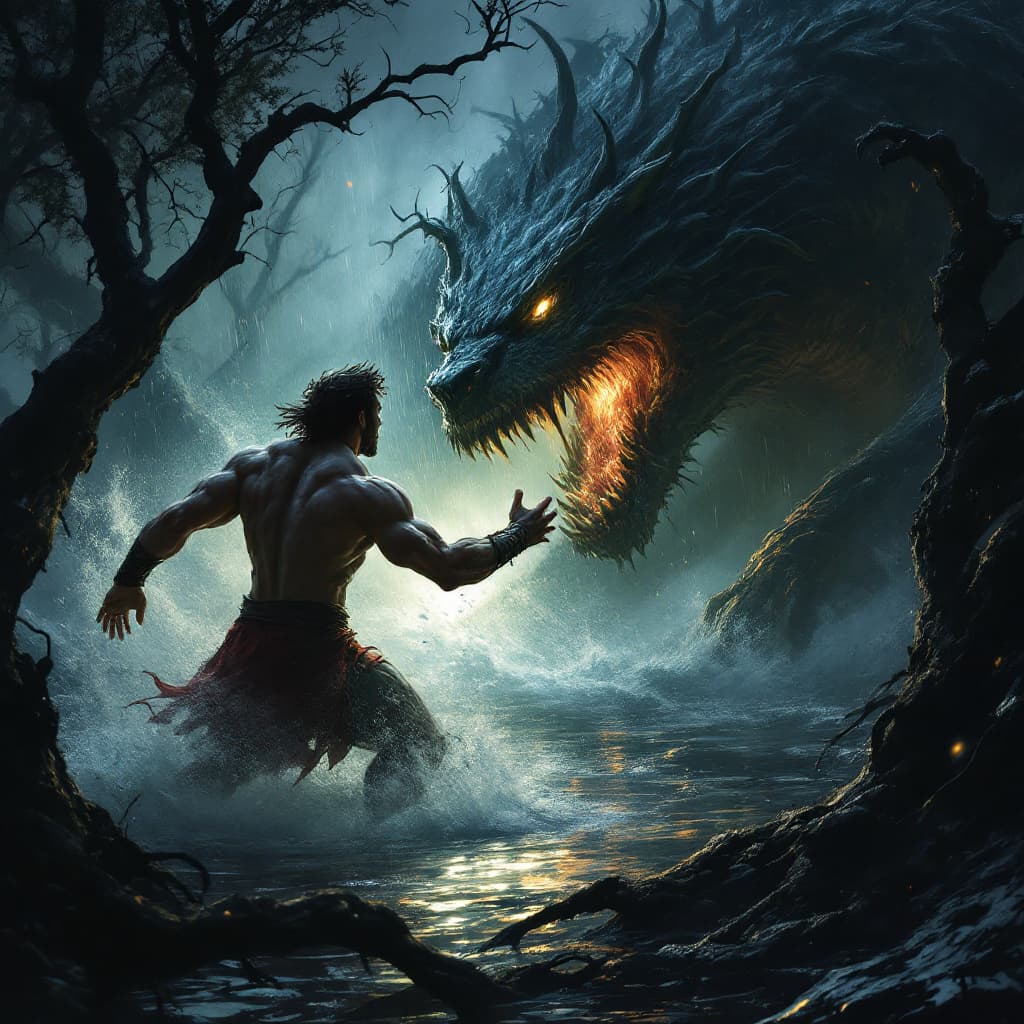 AI generated: 6.	Hercules battling the Hydra in a stormy swamp, muscles tensed, cinematic lighting --v 7 --style e...