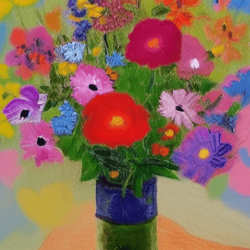 AI generated: colorful flowers arranged in a vase, resembling the style of a painting by the artist Sesane. The fl...