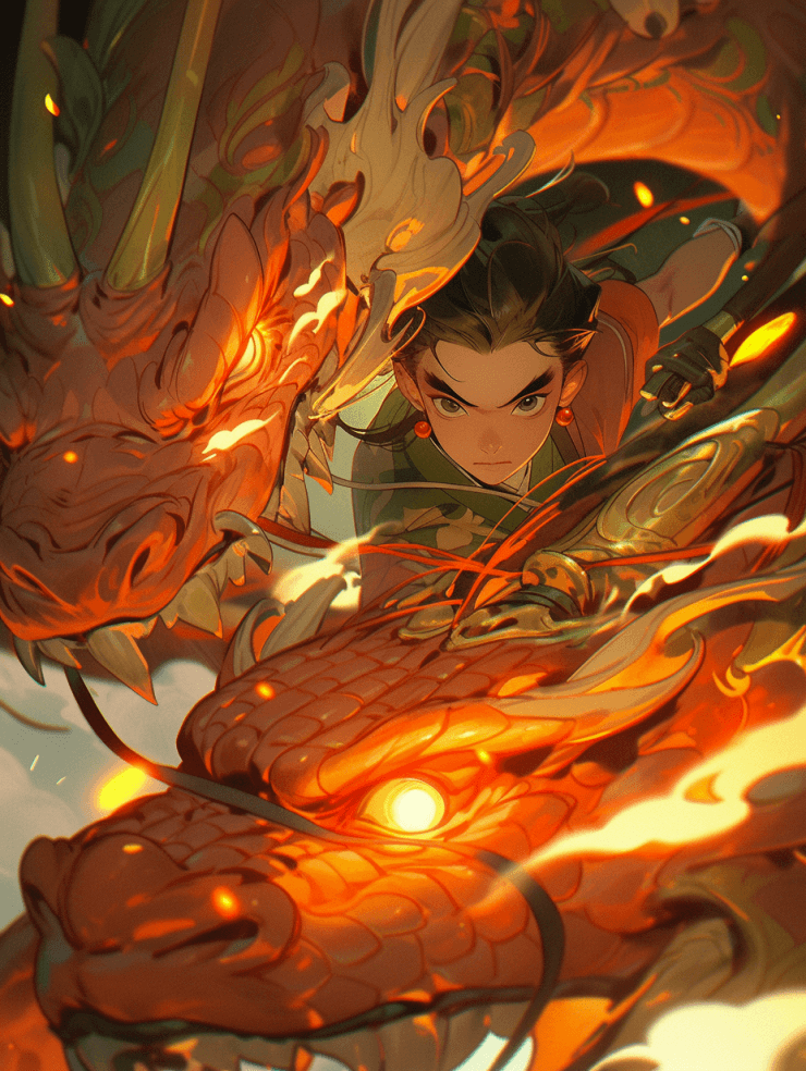 AI generated: Nezha, boy, Chinese mythology,Red scarf, Fiery wheels, Lotus flower, Magical weapons, blue, Closeup ...