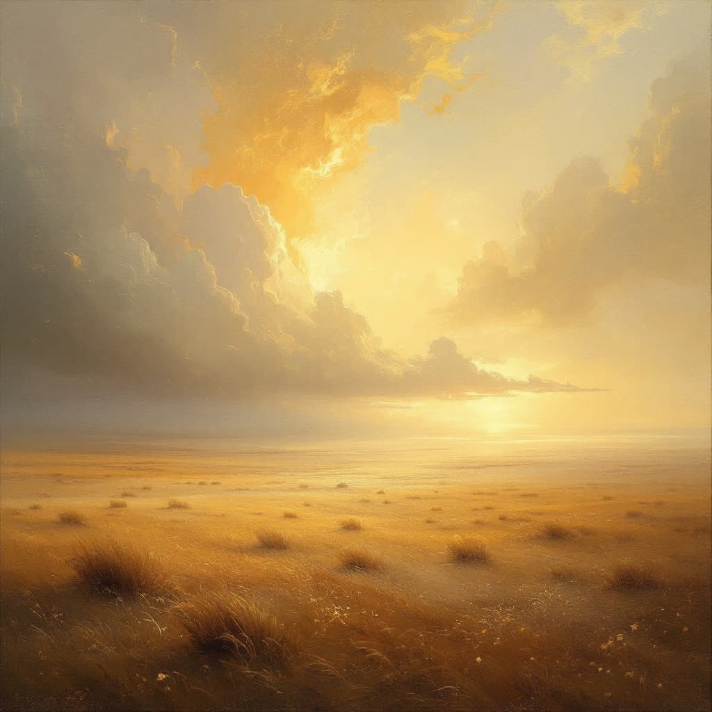 AI generated: "Ethereal Plains bathed in soft, golden light, painted in rich impasto oil strokes, evoking the gran...