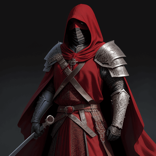 AI generated:  man cleric from the Middle Ages, with face covered by shade of dark-red hood, in scaled armour and ...
