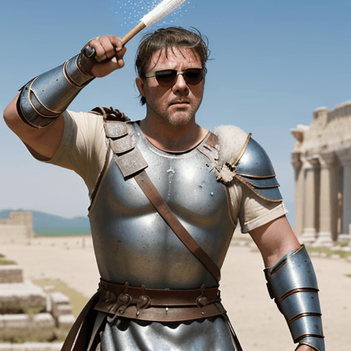 AI generated: Generate an image of a Roman soldier resembling Maximus from Gladiator, wearing sunglasses. Pose the...