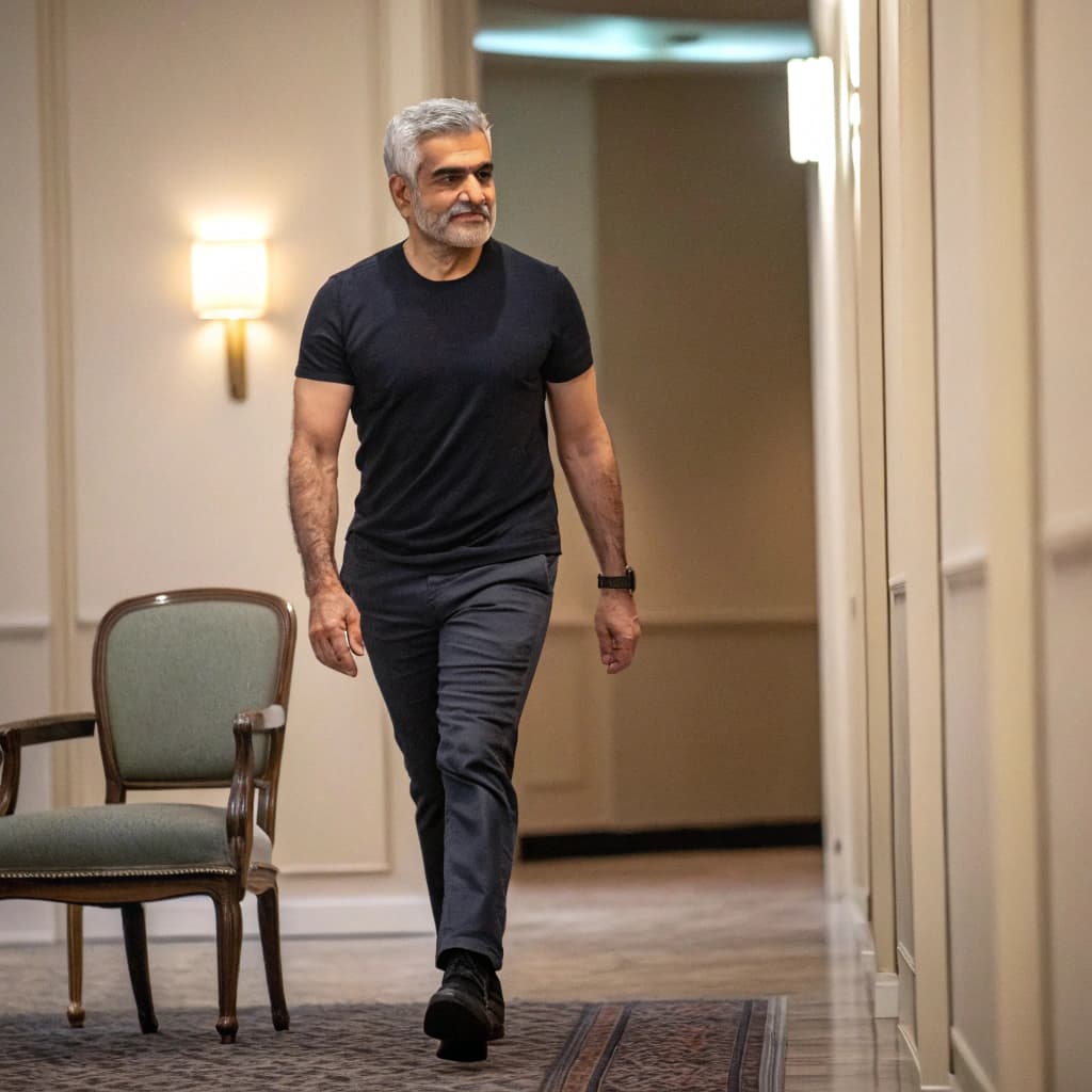 AI generated: “This Iranian man with muscular abs and a fit body confidently rises from his chair and strides towa...
