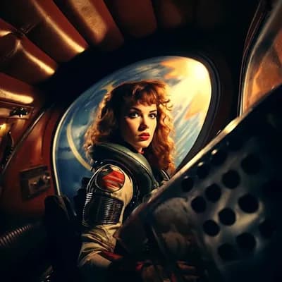 AI generated video: A woman in a spaceship turns towards the camera, outside the spaceship lights flash 