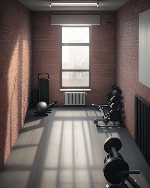 AI generated: Small gym inside an apartment building with brick walls and no windows cinematic, hyperrealism, high...