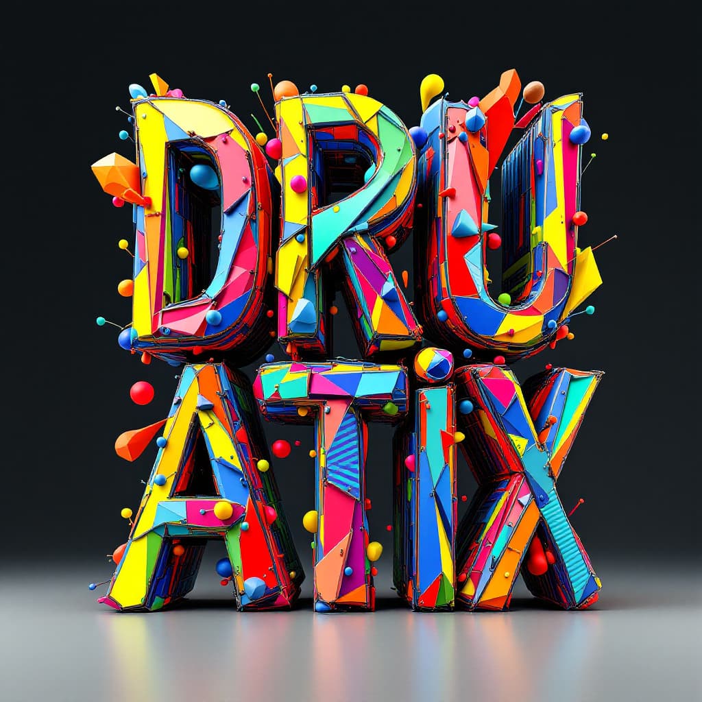 AI generated: the letters DRUMATIX decorated in a complex 3 D deconstructivist style withbright colors. --v 5.1 --...