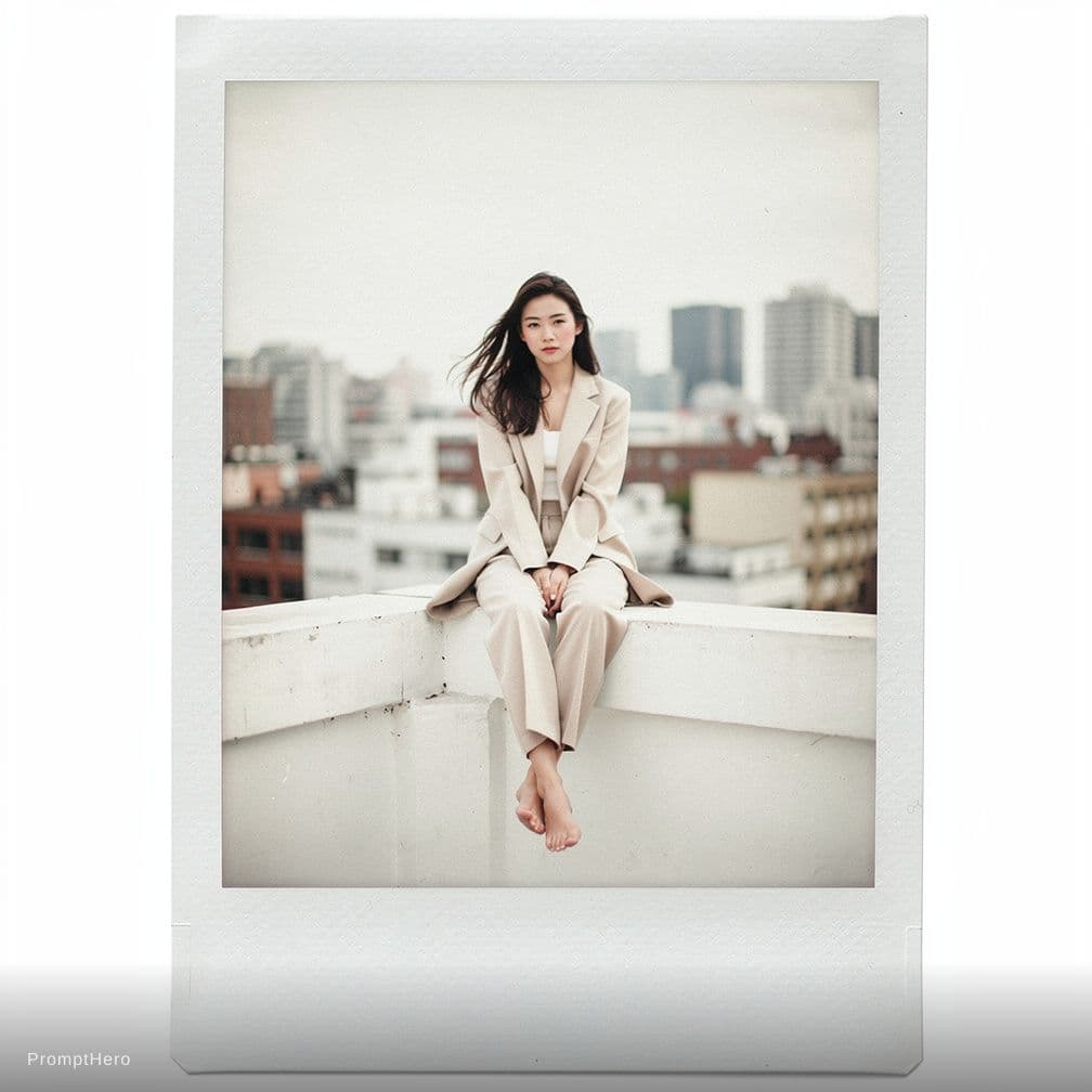 AI generated: polaroid photograph of an Asian model, sitting on the edge --chaos 75 --ar 1:2 --raw --profile we14m...