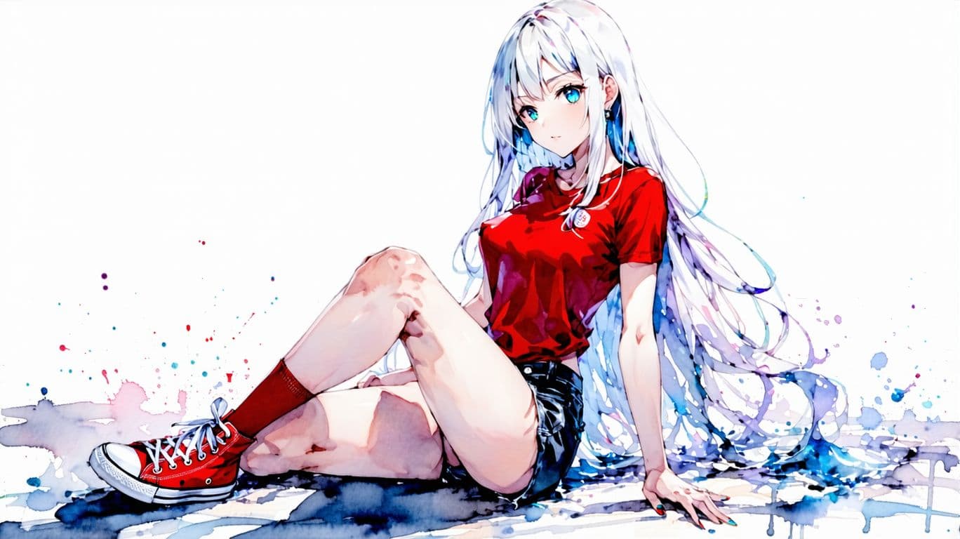 AI generated: high quality, 1lady, 25 years old, blue eyes, long white hair, fade, upper body 
, red-top, black sh...