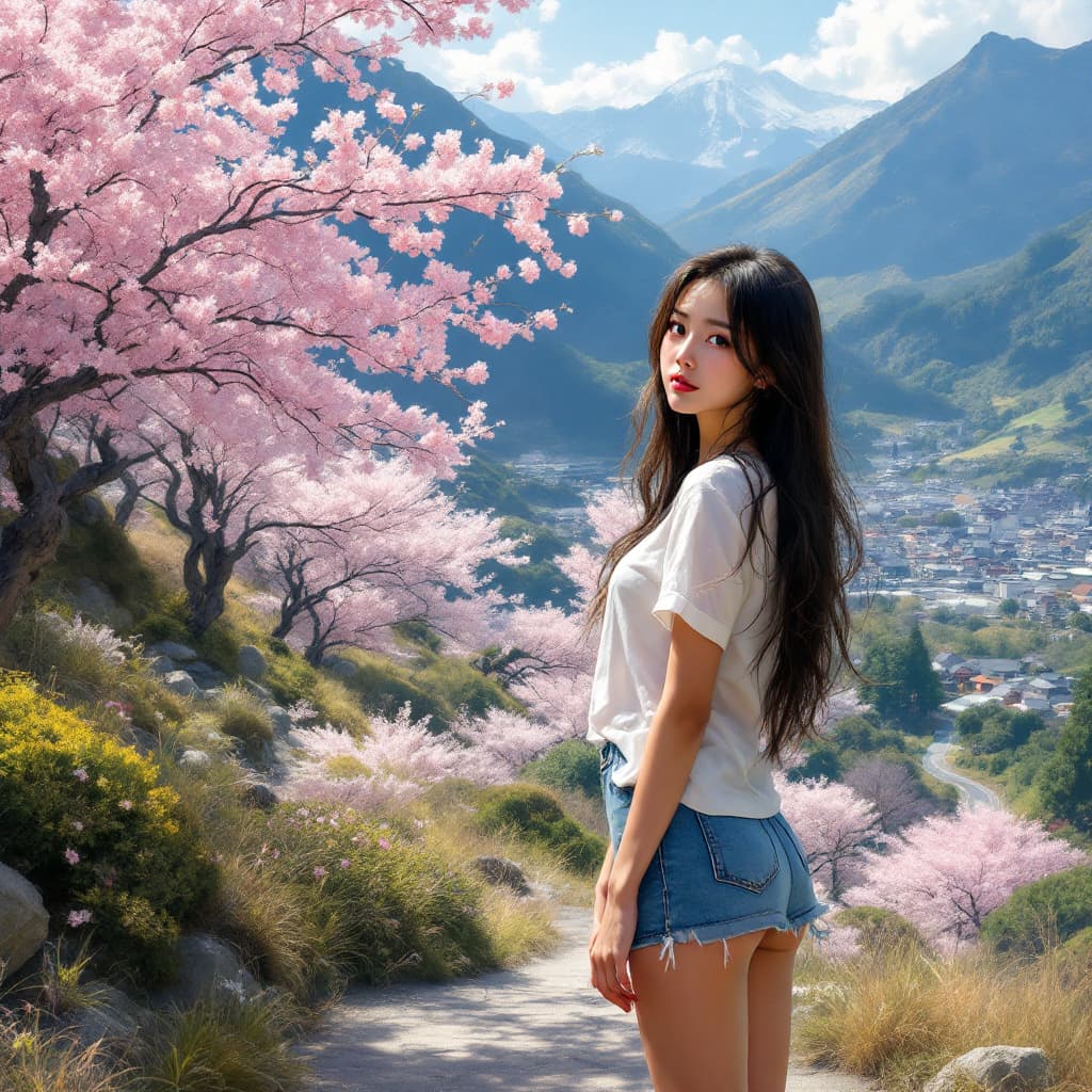 AI generated: Photorealism Painting of a girl, long hair, looking at viewer, wearing a casual clothes, short sleev...