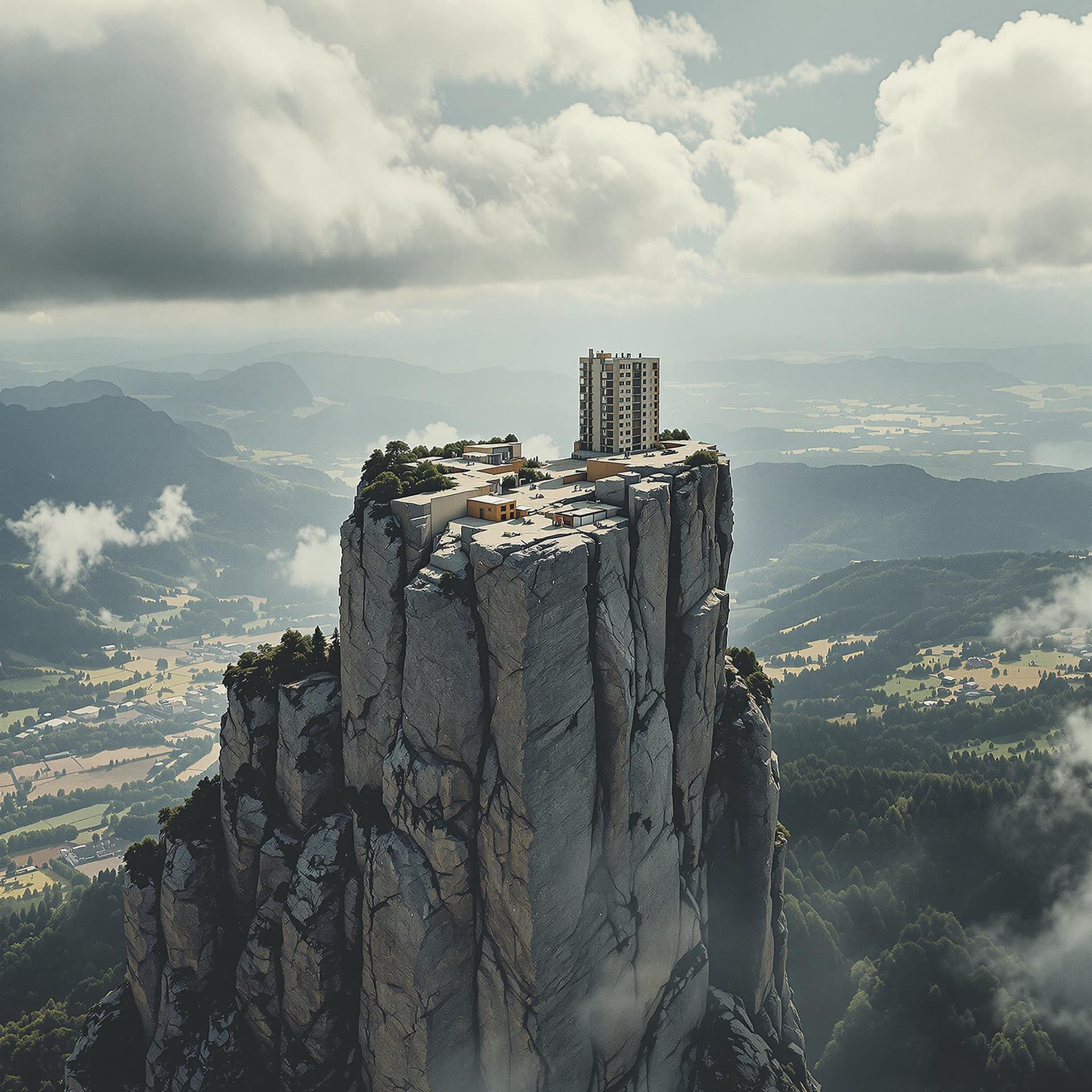 AI generated: acrophobiс photo attention-grabbing composition, the broken eastern europe block building cut-offs s...