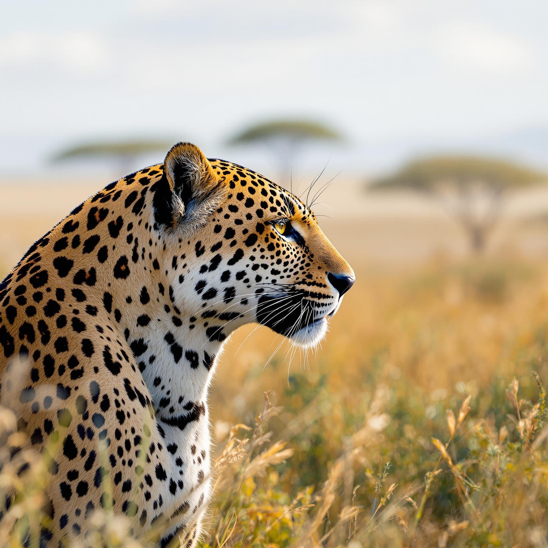 AI generated: 3d photorealistic photo, side profile of a jaguar on the Serengeti, extreme close-up, in the style o...