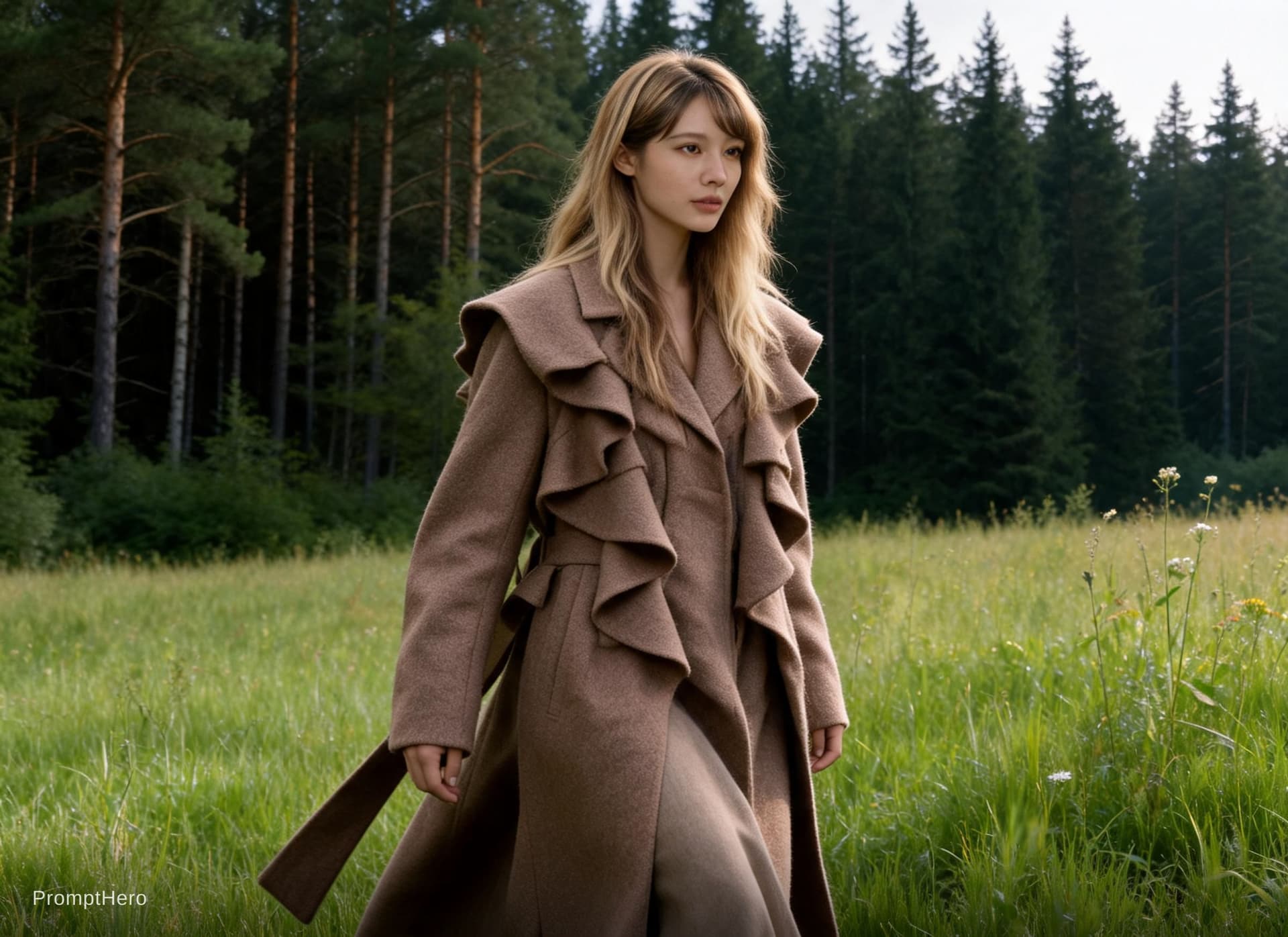 AI generated: a woman walking through a lush green field, vogue fashion photo, brown tuffle coat, beautiful swedis...