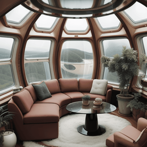 AI generated: This cozy living room on a space ship features a large, oval-shaped window that offers a stunning vi...
