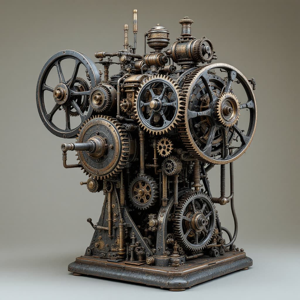 AI generated: High resolution design, dreamy mideval impressive machine with alotof gears in multiple sizes , old ...