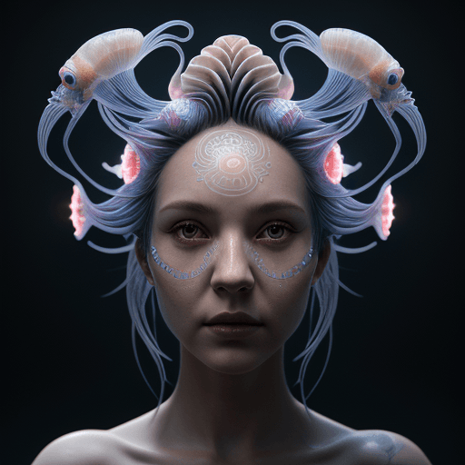 AI generated: Goddess close-up portrait ribcagel. jellyfish phoenix head, nautilus, orchid, skull, betta fish, bio...