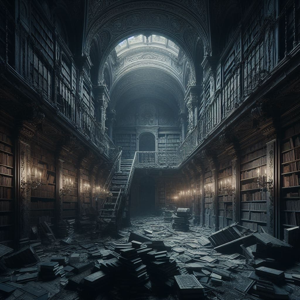 AI generated: an abandoned creepy dark library, extremely photorealistic, intricate, cinematic, hyperdetailed --q ...