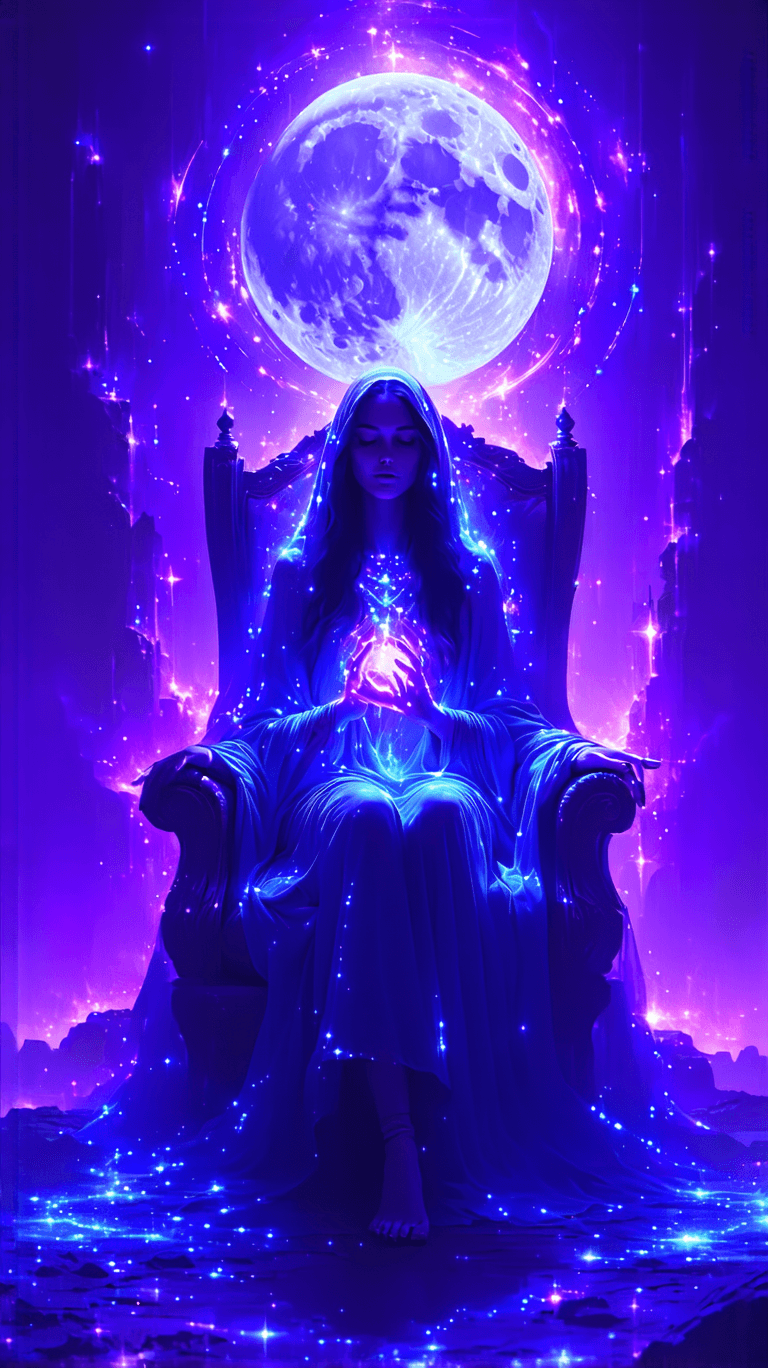 AI generated: “The High Priestess’ Neon Veil” – A mystical, ethereal figure emerges from a neon-drenched cosmic dr...