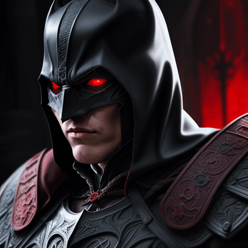 AI generated: closeup of dark knight from the Middle Ages, with face under the dark  red hood, with dark black ene...