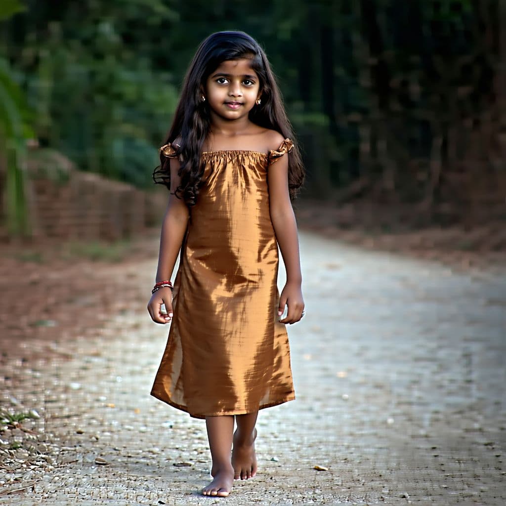 AI generated: Sinhala girl 13 years old walking on the dimly lit gravel path, with a small bosom, long wavy hair t...