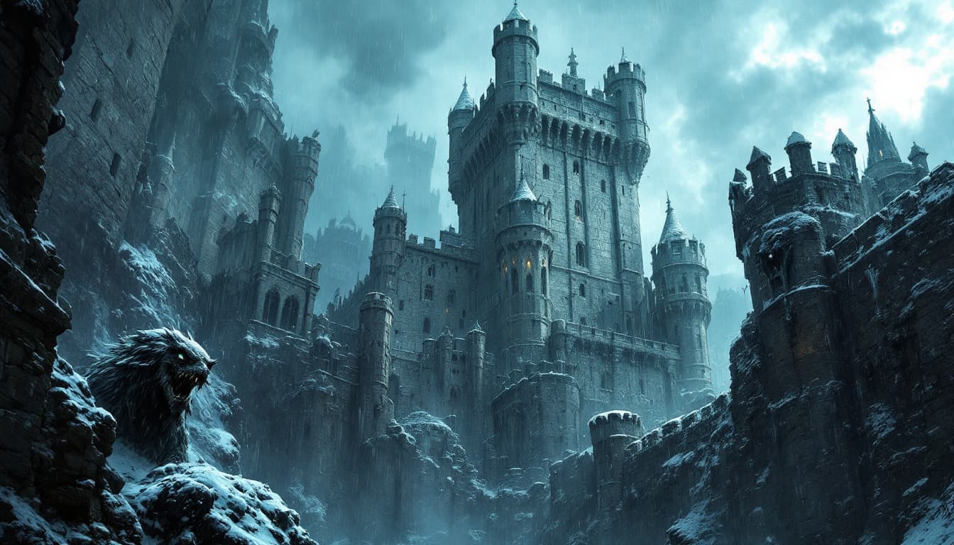 AI generated: A panoramic view of the castle, imposing and gloomy, with wind and rain lashing its walls. Snow brie...