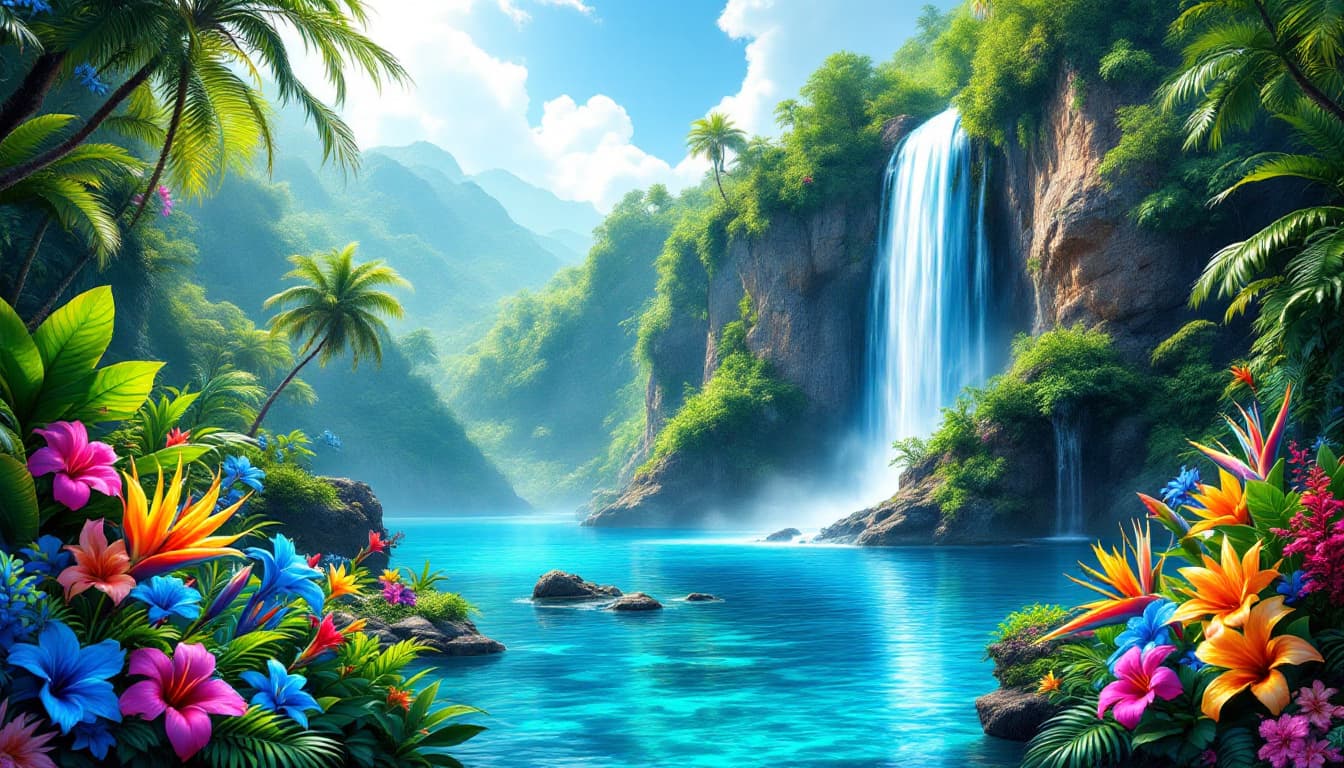 AI generated:  Digital artwork depicting a breathtaking blue lagoon with a vibrant and colorful style in a mystic ...