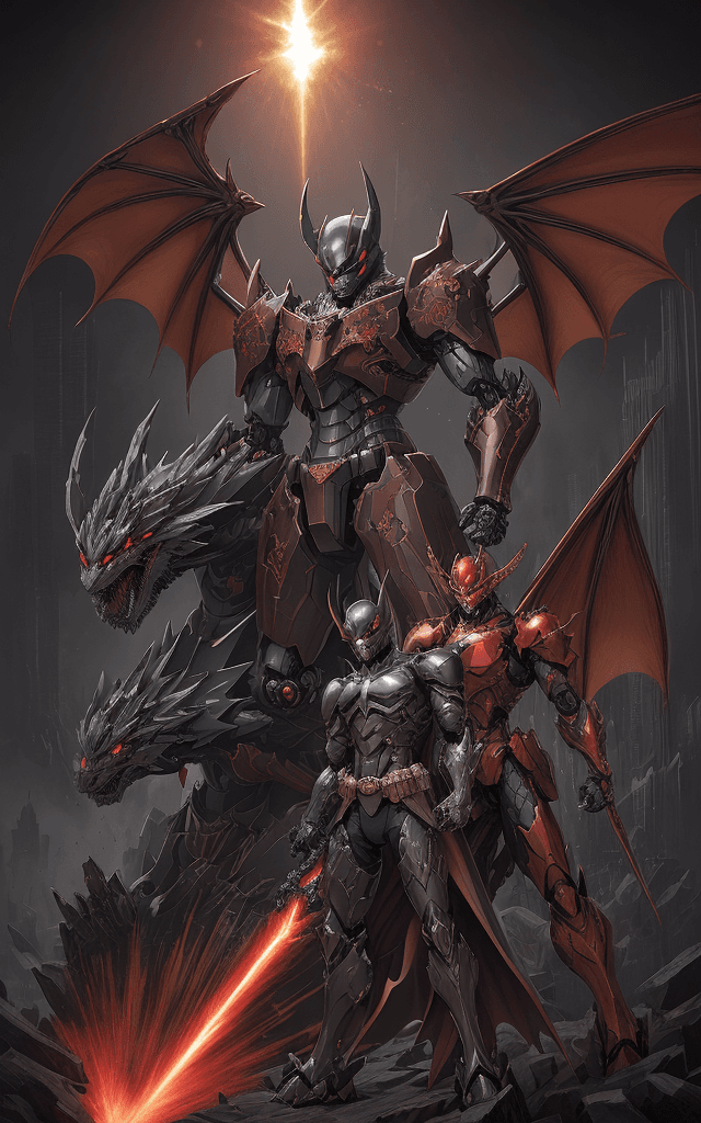 AI generated: dark knight game art, in the style of mecha anime, light bronze and red, rococo-inspired art, sharp ...