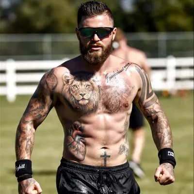 AI generated video: A muscular, heavily tattooed man is caught mid-movement outdoors in a candid paparazzi-style magazin...