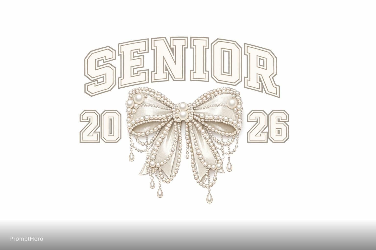 AI generated: SENIOR 2026 bold varsity typography, elegant large ribbon bow decorated with pearls and small pearl ...