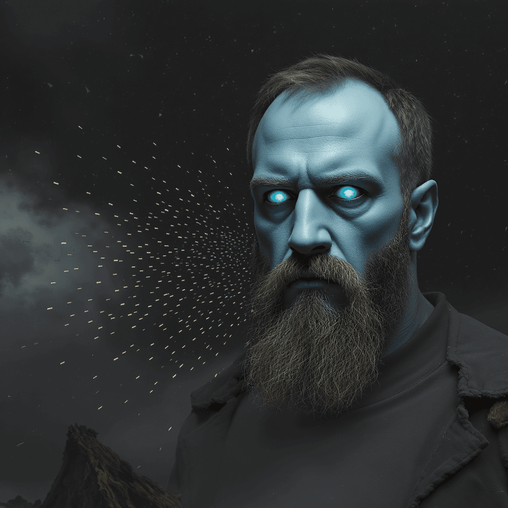 AI generated: En man vars själ är större än hans yttre, stor blå måne i bakrunden. e spöken som flyger runt månen,...