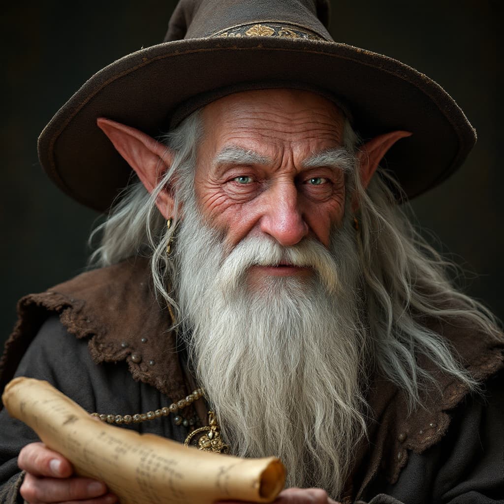 AI generated: happy musical elven bard, elderly, white hair and beard, medieval hat, holding a scroll, ultra reali...