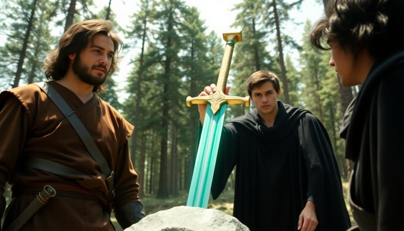 AI generated: a pivotal scene where King Arthur pulls the sword Excalibur from a stone. The man on the left has da...