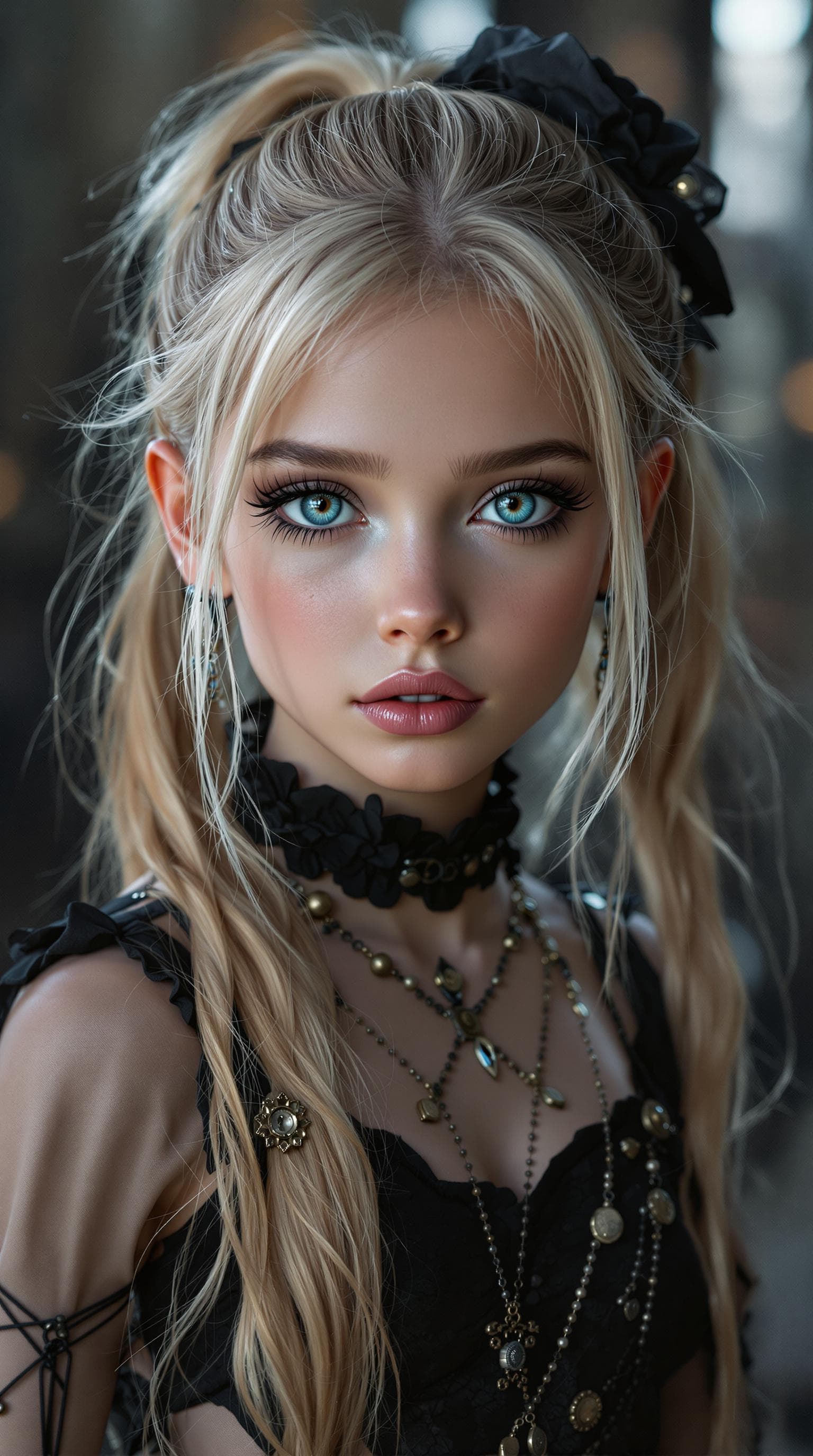 AI generated: A professional photograph capturing the world's most stunning second-grade girl, styled as a goth wi...
