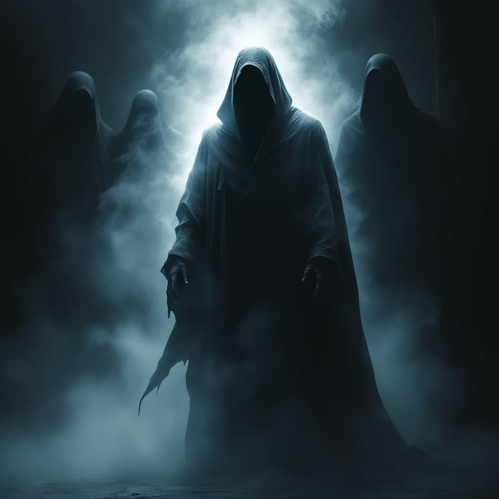 AI generated: A gothic scene unfolds with a vampire enshrouded in a ghostly robe, his form emerging from the smoke...