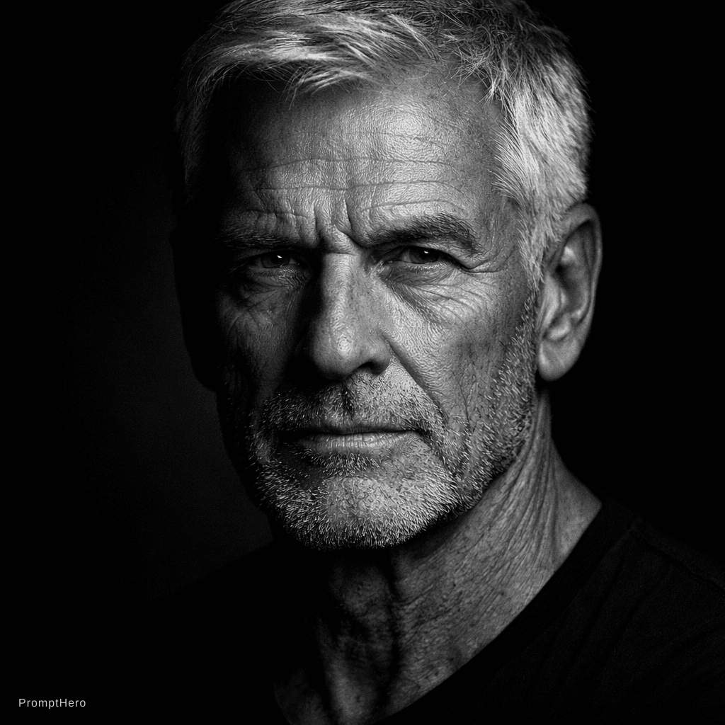 AI generated: High-definition black and white portrait of an attractive mature man, 60–80 years old. Minimalist be...