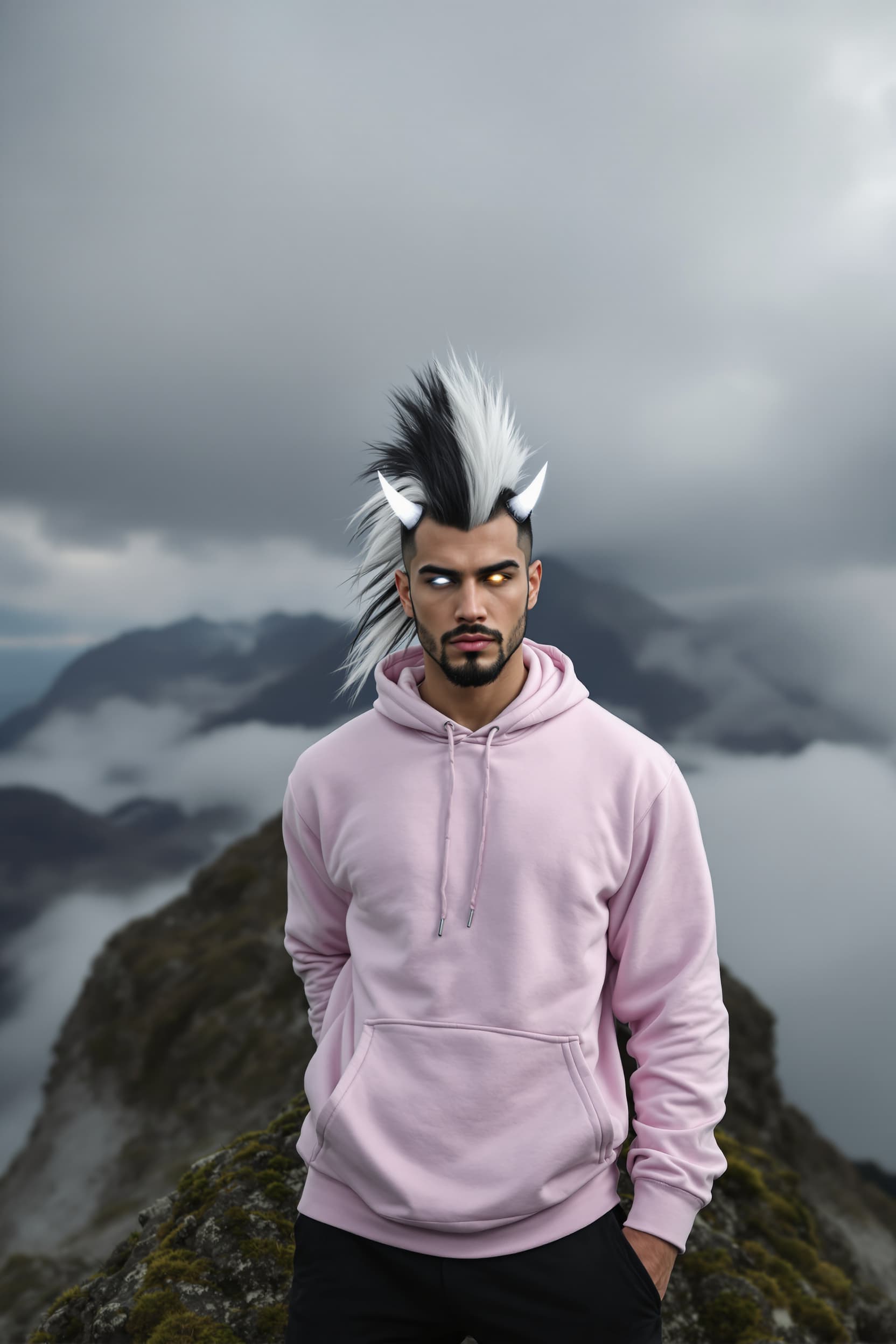 AI generated: A tall, muscular yet lean man stands on a moss-covered rock at the top of a mountain beneath a sky f...