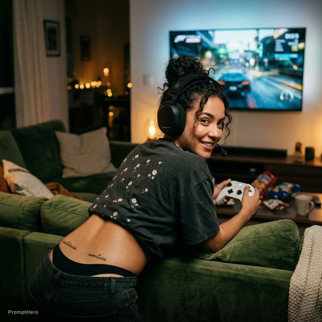 AI generated: Fotografia espontânea tirada por trás de uma mulher inclinada para a frente olhando pelos ombros par...