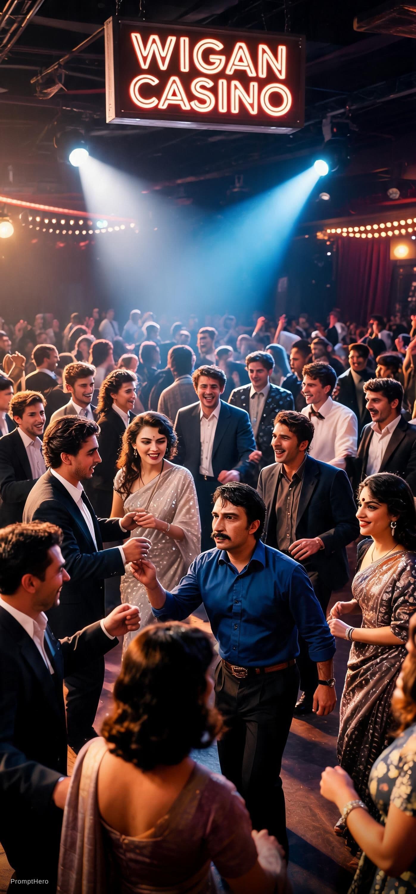AI generated: crowd dancing at a northern soul night at wigan casino. beautiful women well dressed men, good times...