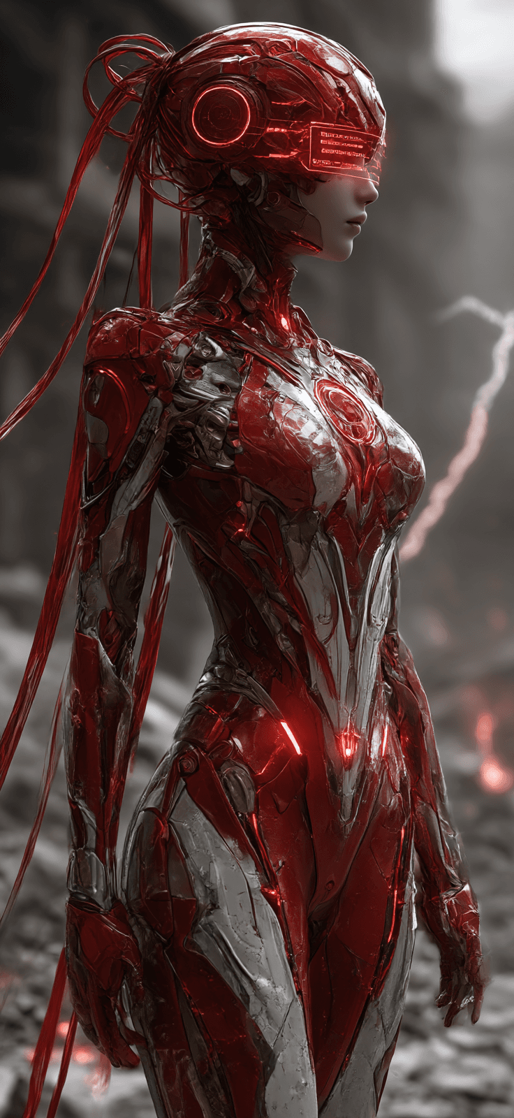 AI generated: A young, Asian female cyborg, with a calm, almost melancholic expression, stands in a ruined, post-a...