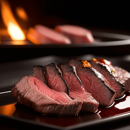 AI generated: Capture a close-up shot of a mouth-watering sliced beef medium rare barbeque , exuding tempting allu...