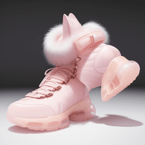 AI generated: Fashion shoot, Jacquemus and moncler collaboration: light pink translucent fur sneakers, hyper-reali...