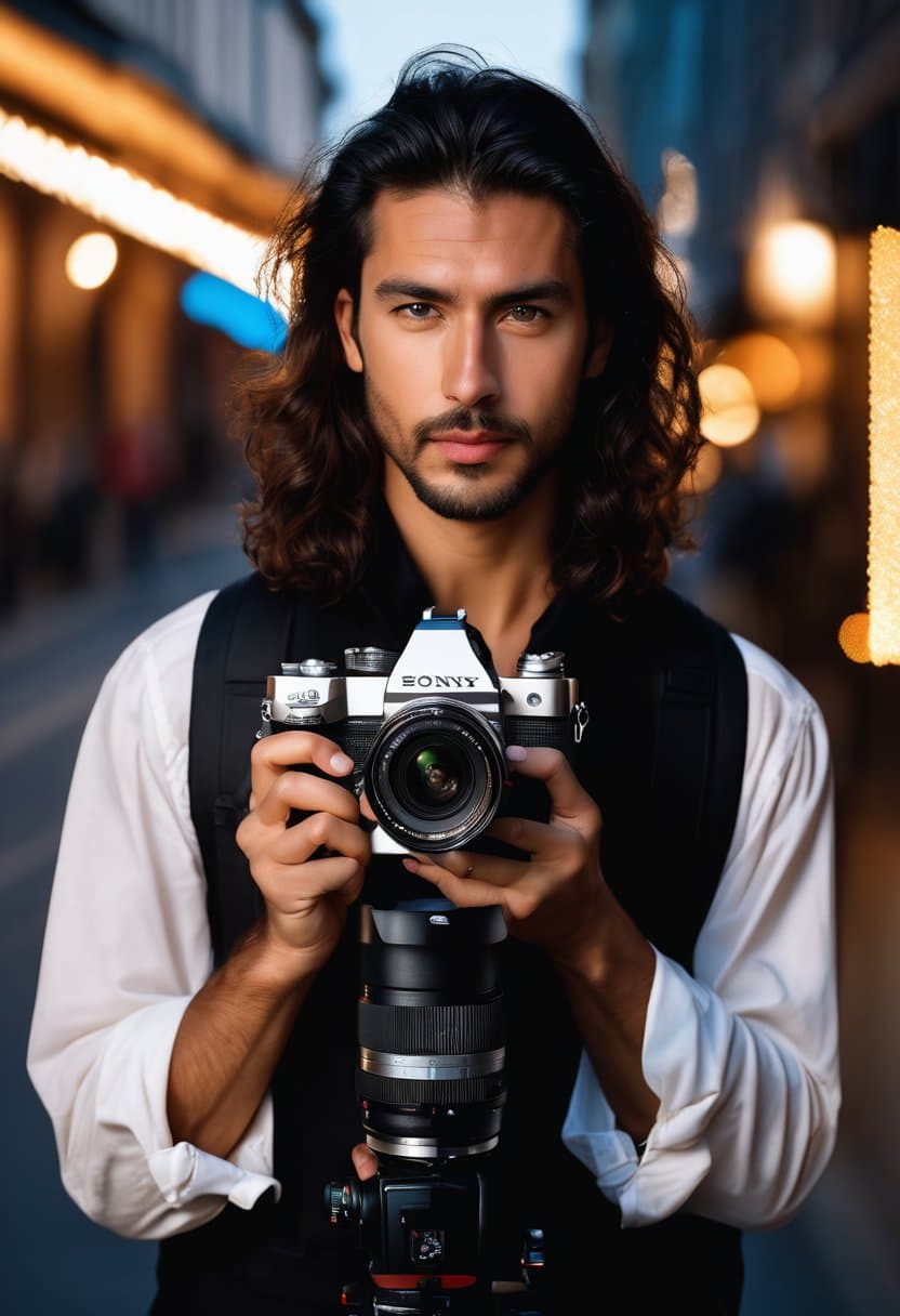 AI generated: hyper realistic photograph, photograph of an photographer holding a film camera, he is in town, watc...