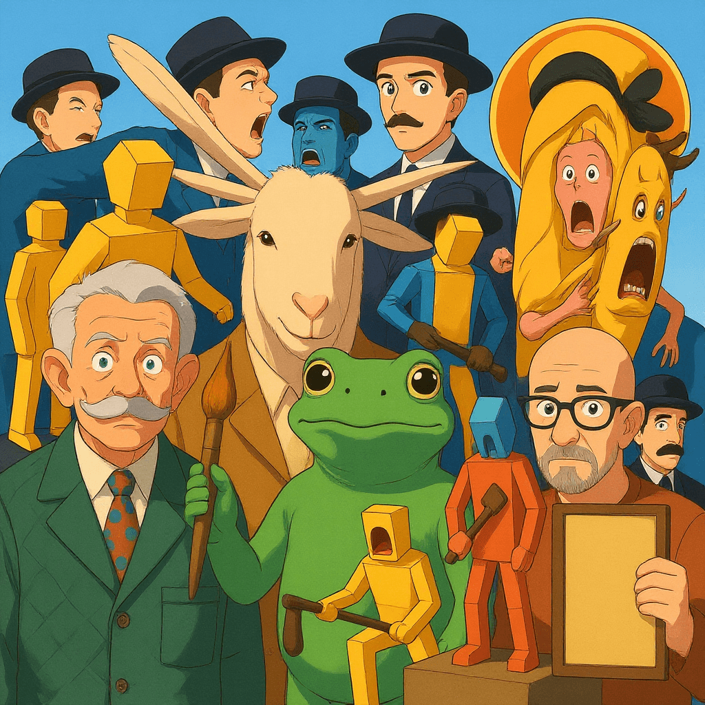 AI generated: a collage of these characters in the style of a japanese anime studio from the 80s, clear background...