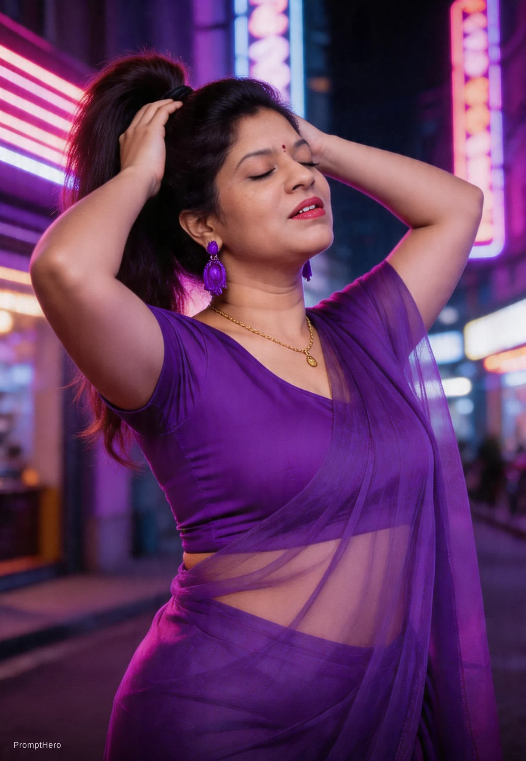 AI generated: Create an image of A chubby and curvy Indian woman standing in a neon-lit street with purple and pin...