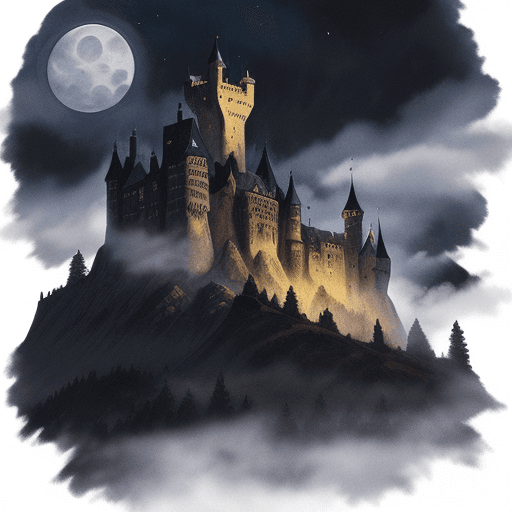 AI generated: color ink sketch of medieval castle on a mountain top with mist and clouds at night in strong moonli...