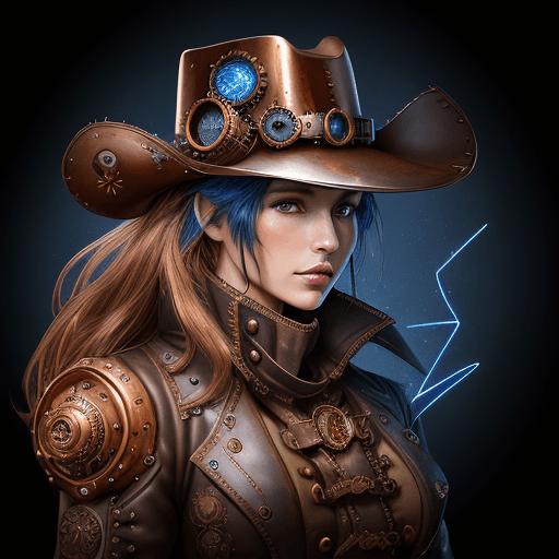 AI generated: ink linework ornament Portrait of a Steampunk Cowboy Girl with copper texture armor in Steampunk sty...